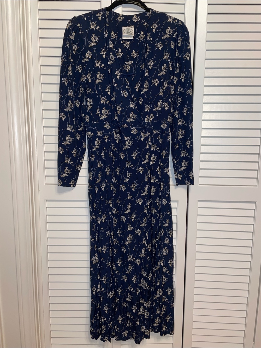 Vintage 80s Laura Ashley Navy & Cream Floral Long Sleeve Faux Wrap Dress Sz 10